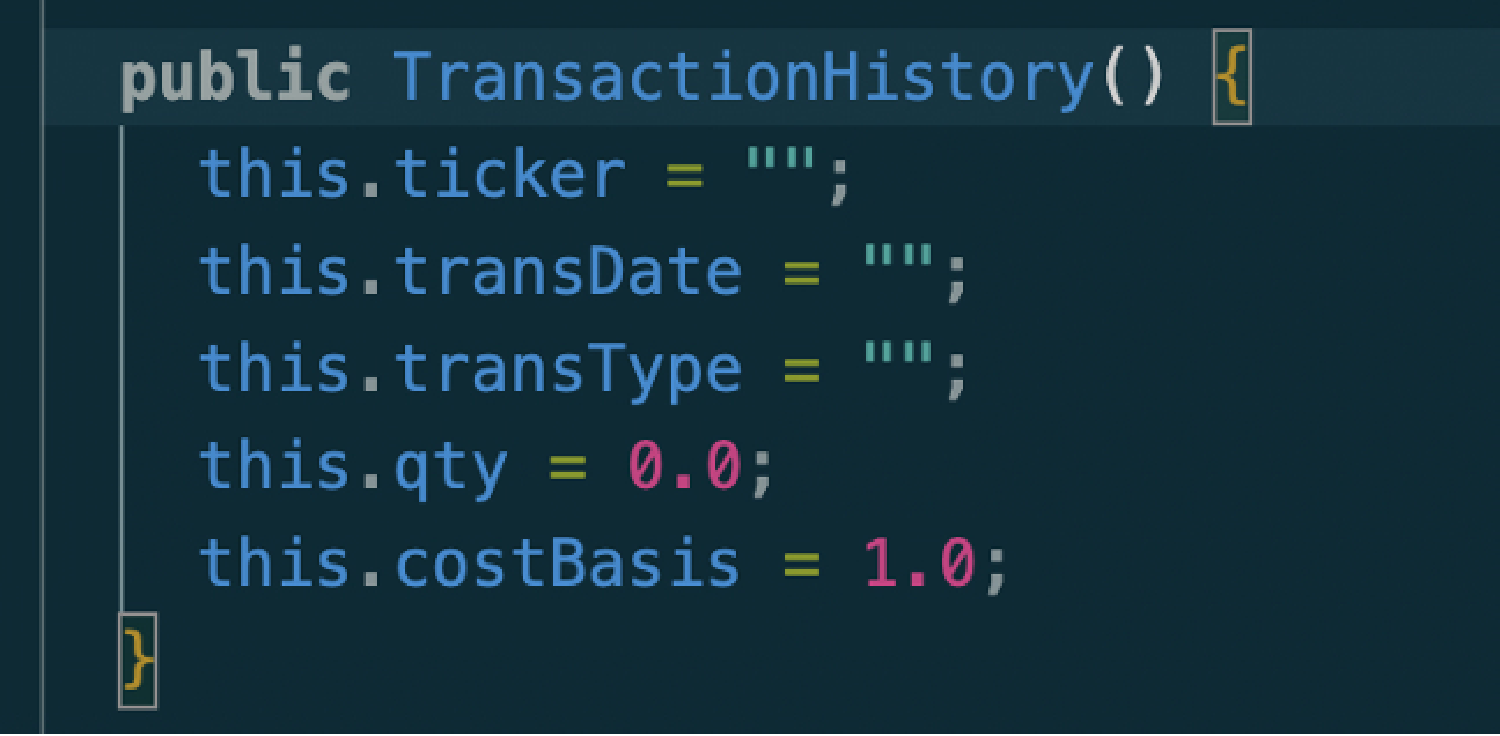 Clean Java implementation showing default and overloaded constructors for TransactionHistory class