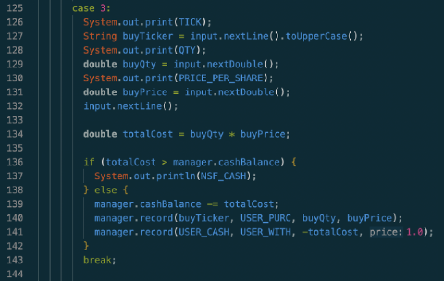 Java input validation block for preventing balance overdrafts and illegal stock liquidations