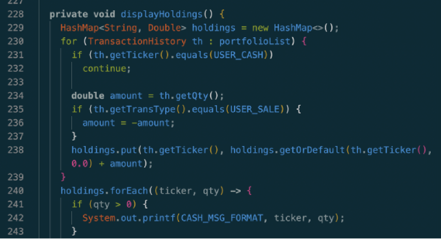 Java code loop utilizing a HashMap to dynamically aggregate and collapse transaction historical entries into current holdings