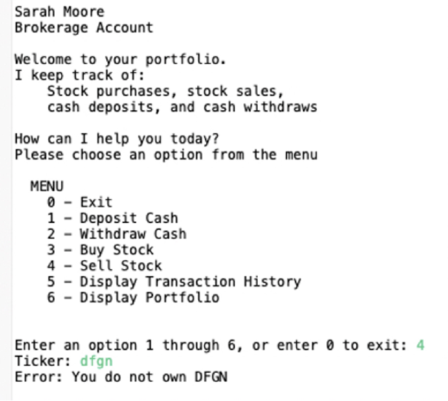Terminal window showing the running stock portfolio simulation interactive terminal layout menu options