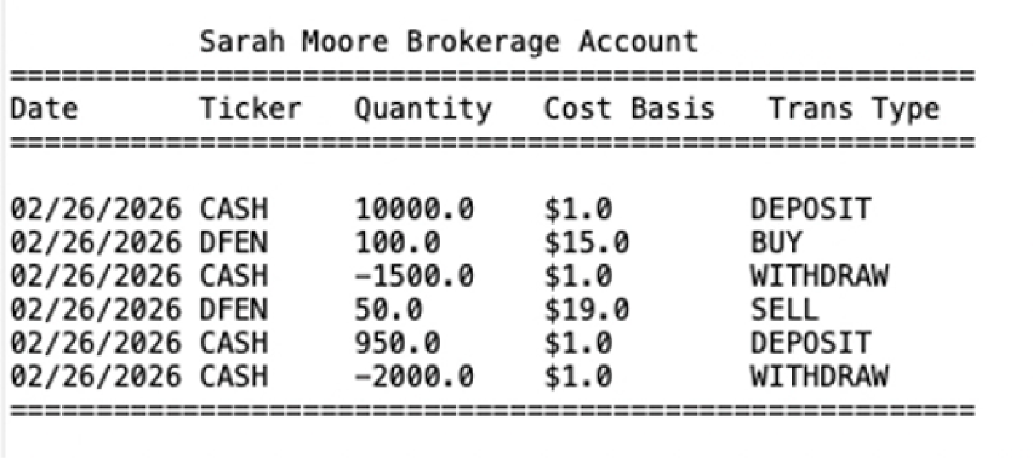 Console window layout showcasing formatted tabular column strings for transaction auditing data